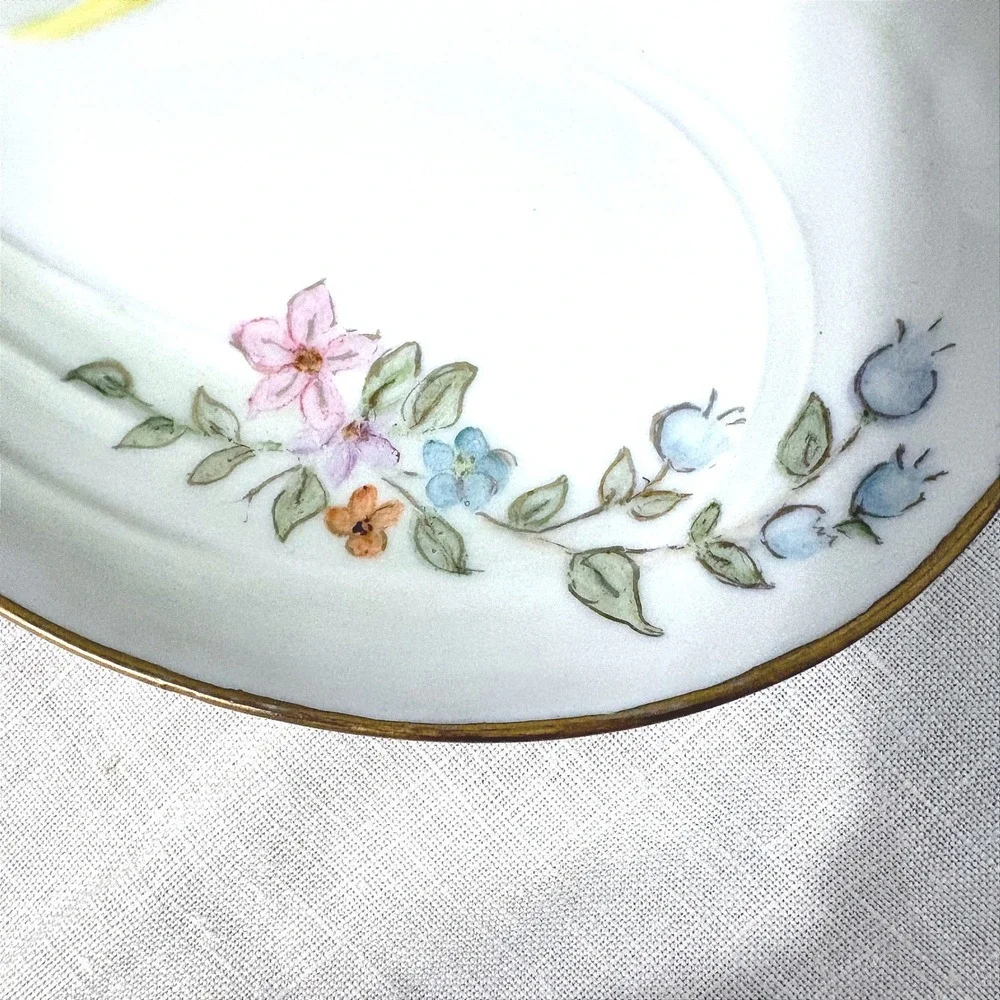 Marie Buttery 1991 Hand Painted Swan Trinket Dish Floral Porcelain‎ Gold Rim